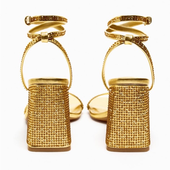 Zara Gold Block Heel Rhinestone Sandals - Picture 13 of 14